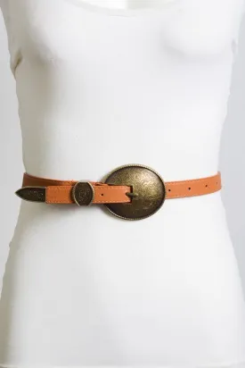 Oval Embossed Vintage Vibes Buckle Belt in Camel or Black
