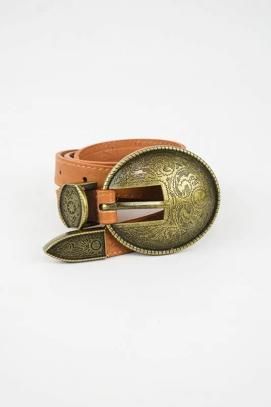 Oval Embossed Vintage Vibes Buckle Belt in Camel or Black