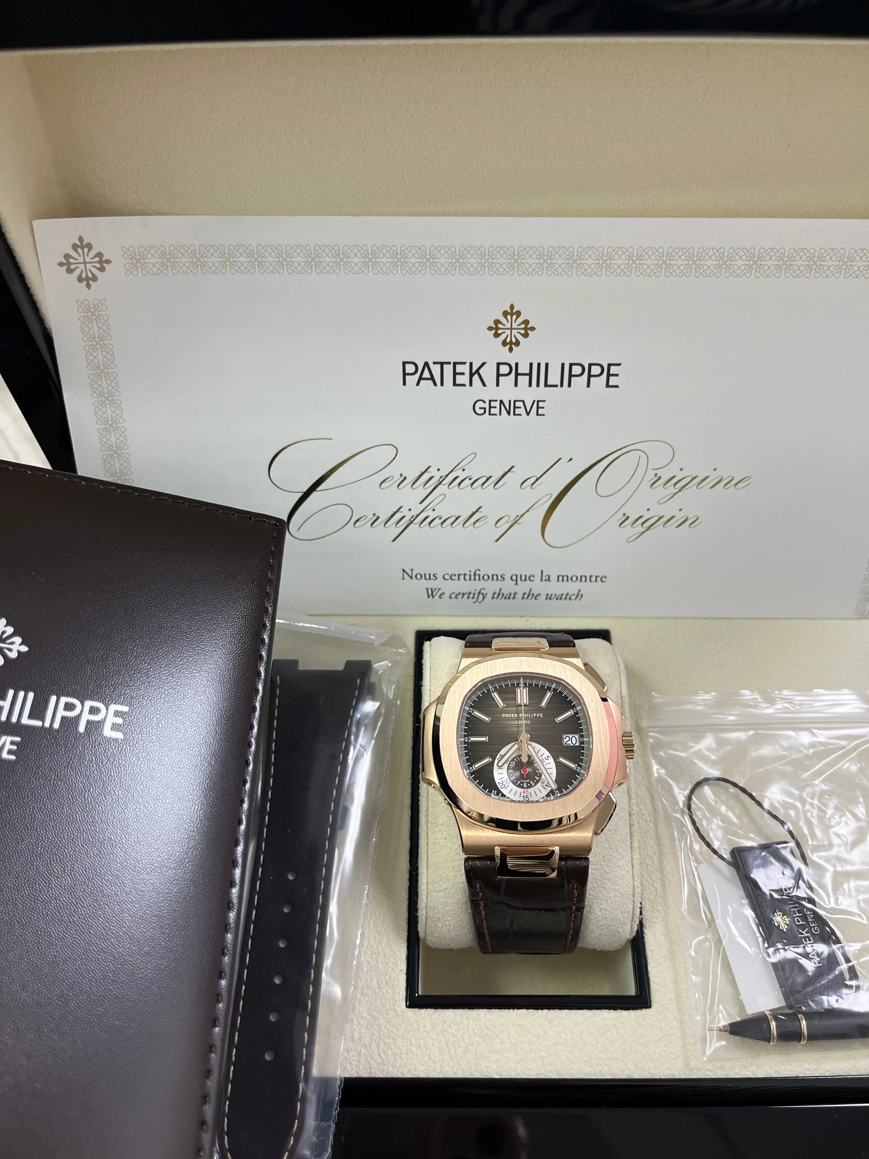 Patek Philippe Nautilus Rose Gold/ Brown Dial/ Leather Strap (Ref#5980R-001)