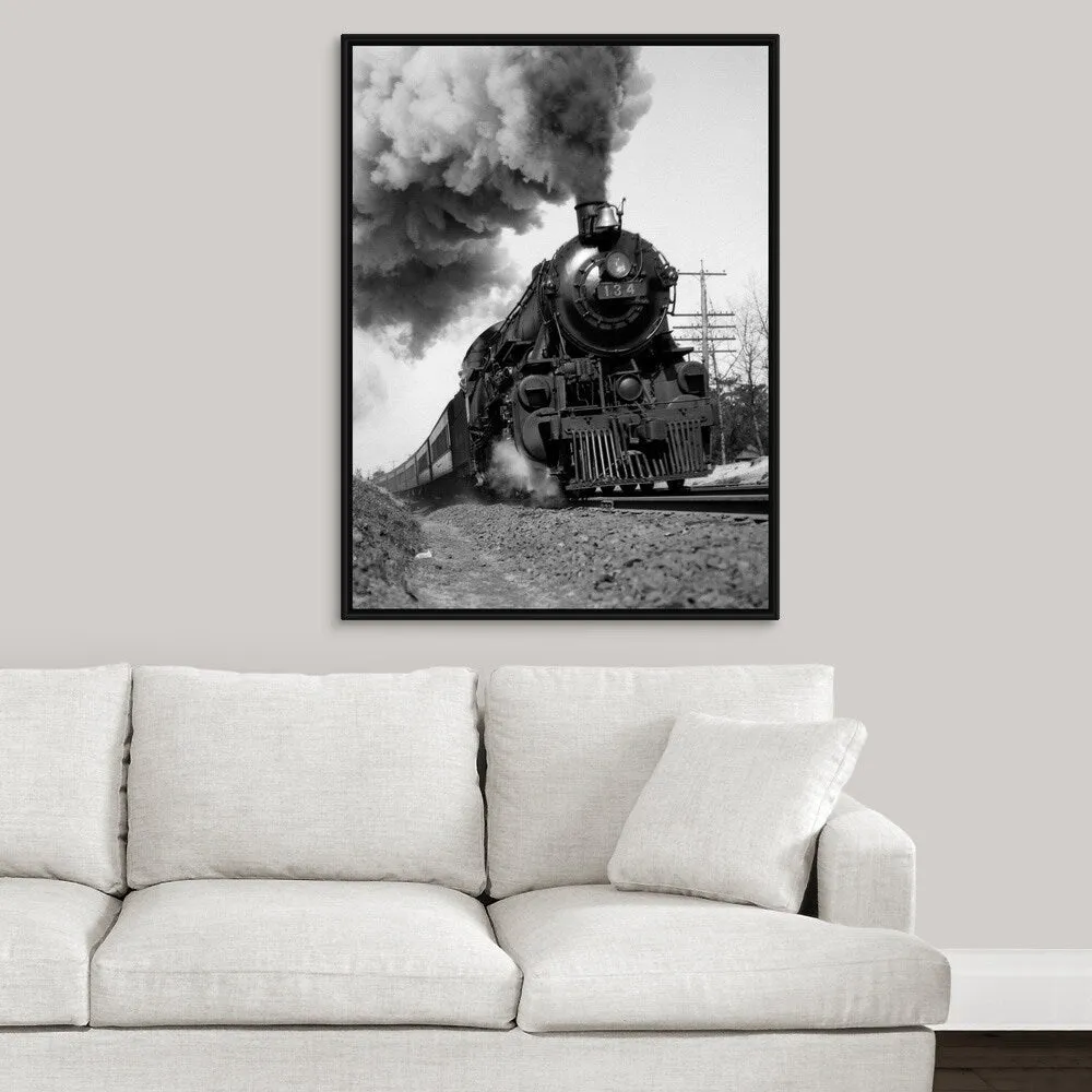 "1920's 1930's Steam Engine Pulling Passenger Train Smoke Billowing From Exhau" Black Float Frame Canvas Art - Multi