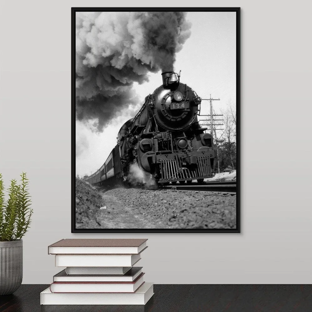 "1920's 1930's Steam Engine Pulling Passenger Train Smoke Billowing From Exhau" Black Float Frame Canvas Art - Multi