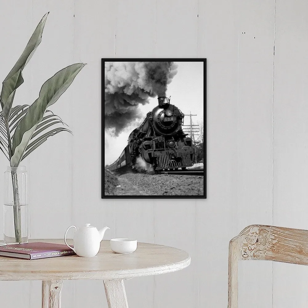 "1920's 1930's Steam Engine Pulling Passenger Train Smoke Billowing From Exhau" Black Float Frame Canvas Art - Multi