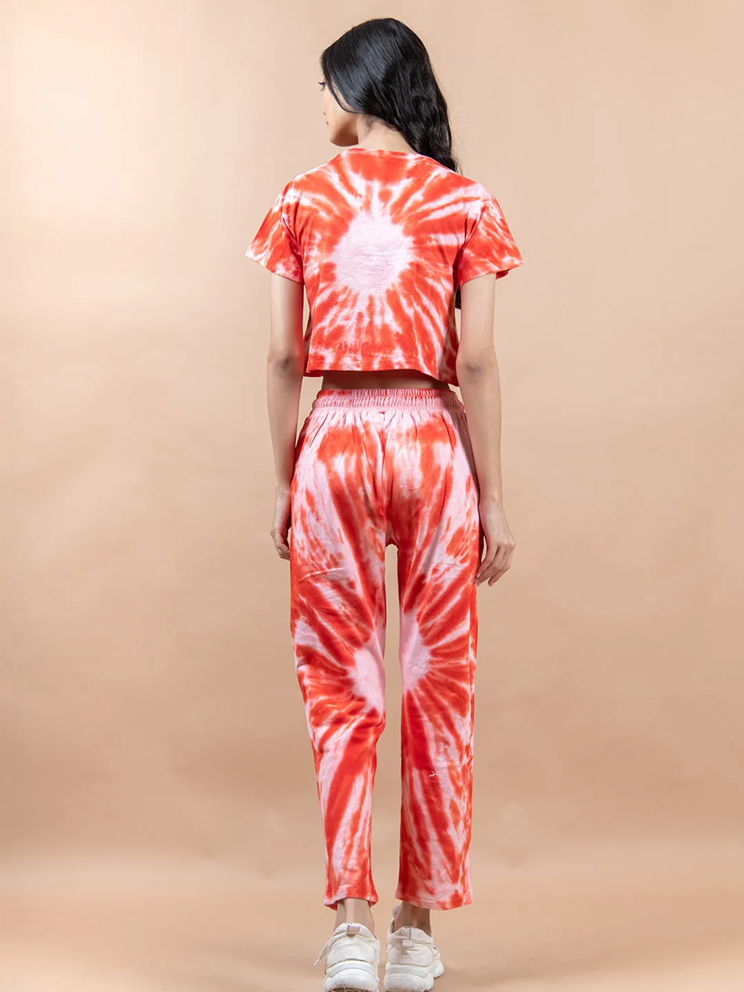 Red Color Tie-Dye Cotton Crop Top and Jogger Set For Women