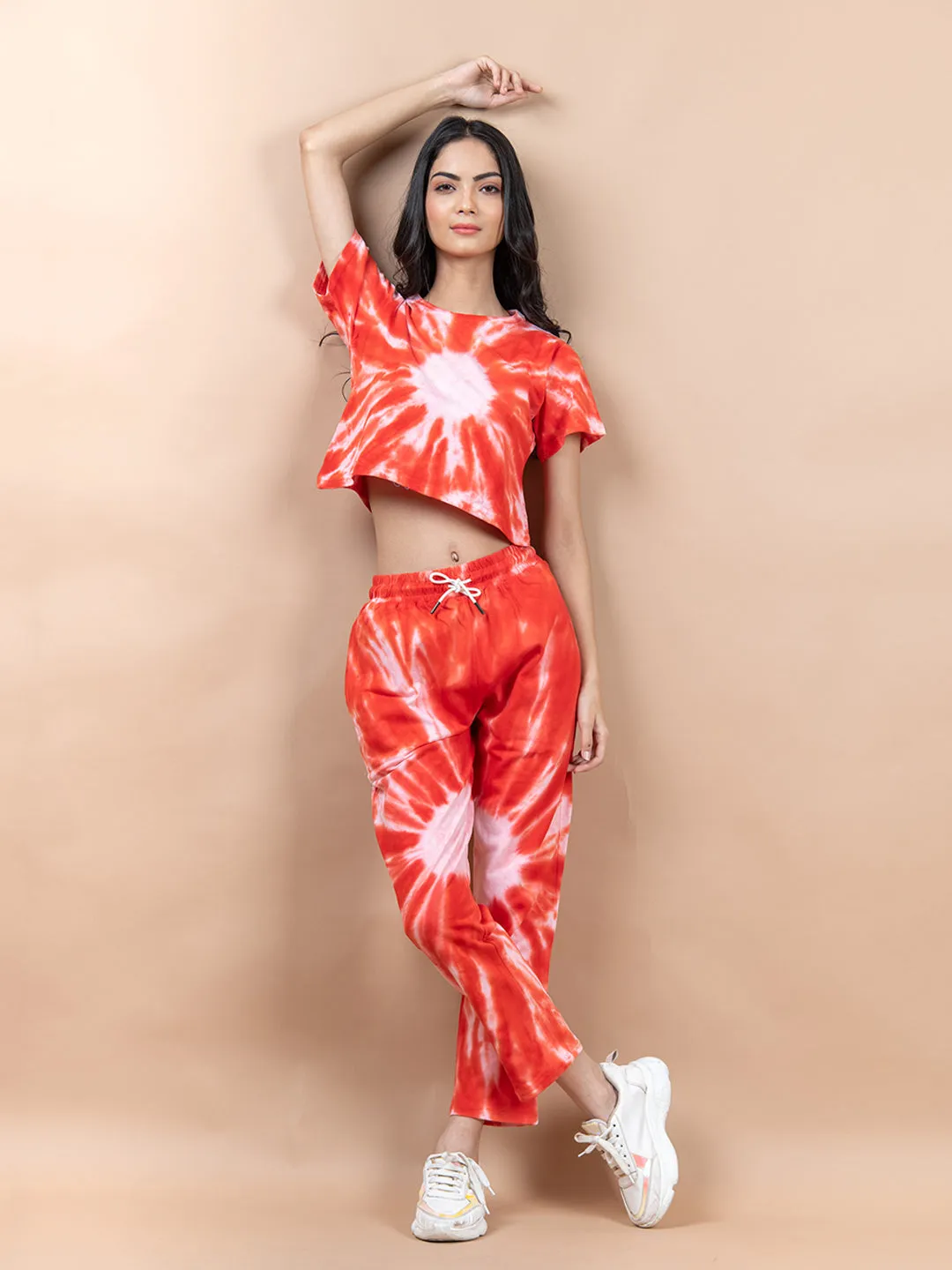 Red Color Tie-Dye Cotton Crop Top and Jogger Set For Women