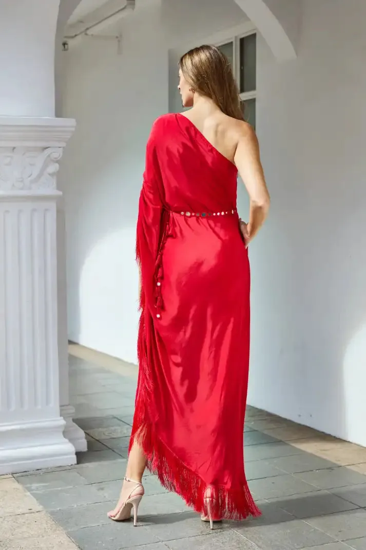 Red One Shoulder Kaftan With Mirror Belt