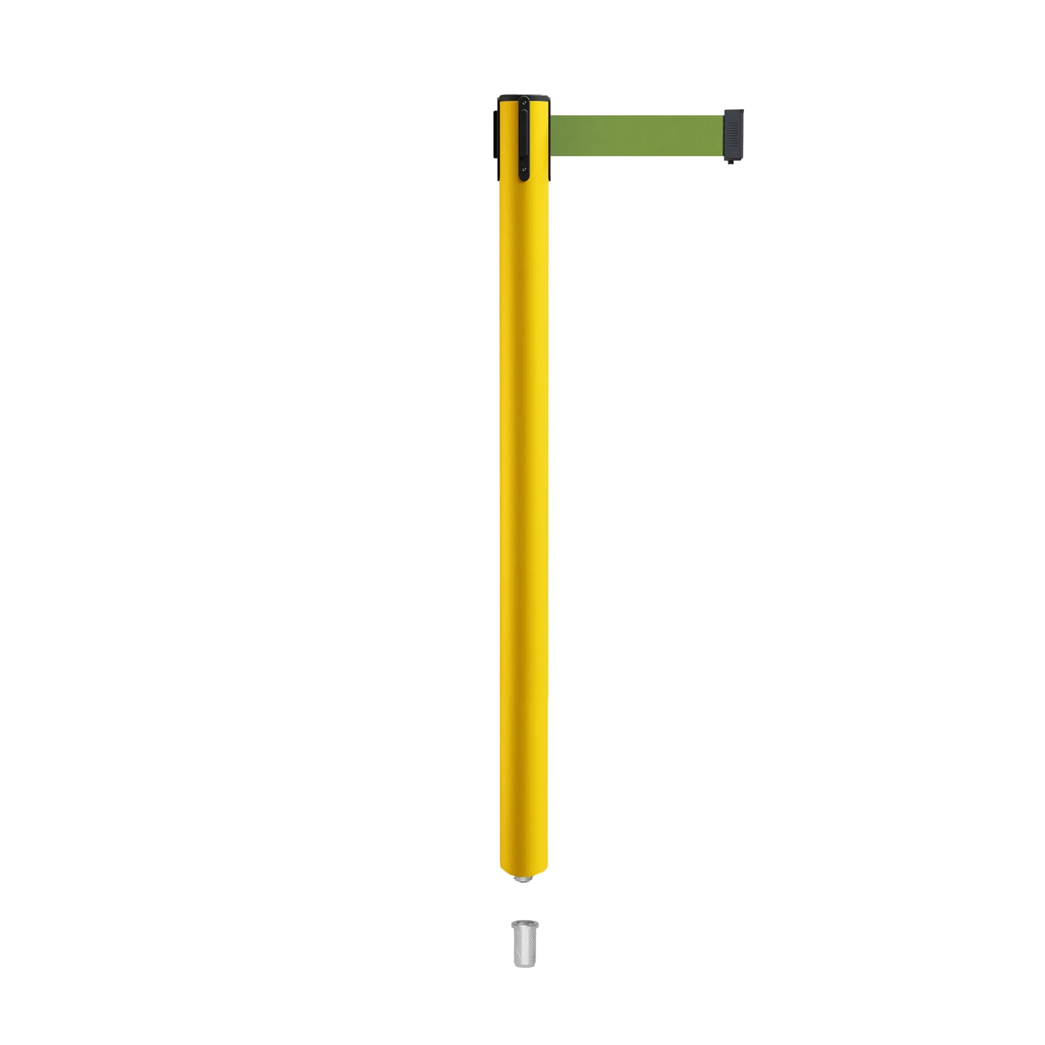 Retractable Belt Barrier Stanchion, Mini Socket Base, Yellow Post, 7.5 ft Belt - Montour Line MSX630SK