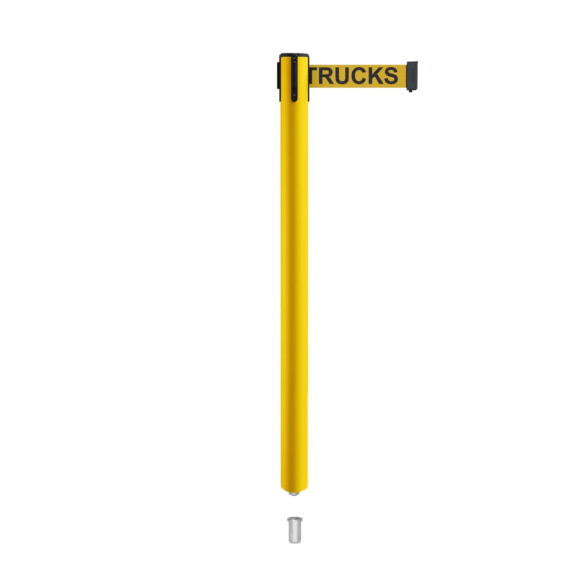 Retractable Belt Barrier Stanchion, Mini Socket Base, Yellow Post, 7.5 ft Belt - Montour Line MSX630SK