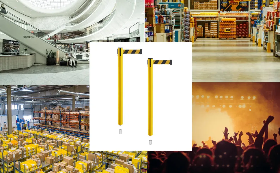 Retractable Belt Barrier Stanchion, Mini Socket Base, Yellow Post, 7.5 ft Belt - Montour Line MSX630SK