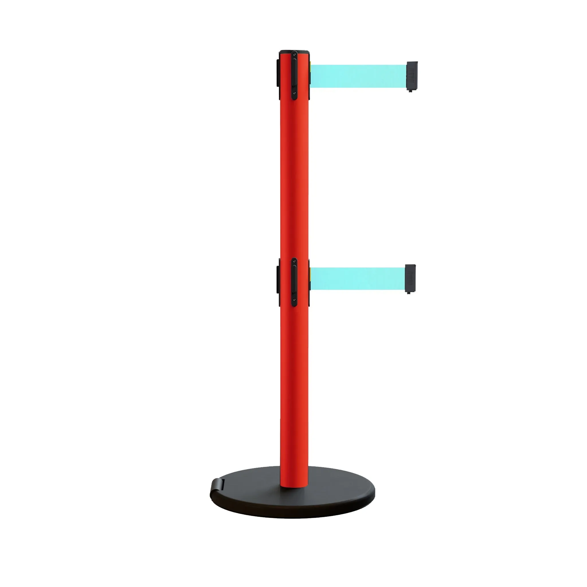 Retractable Belt Barrier Stanchion, Rolling Base, Red Steel Post, 7.5 ft Dual Belt - Montour Line MSE630D