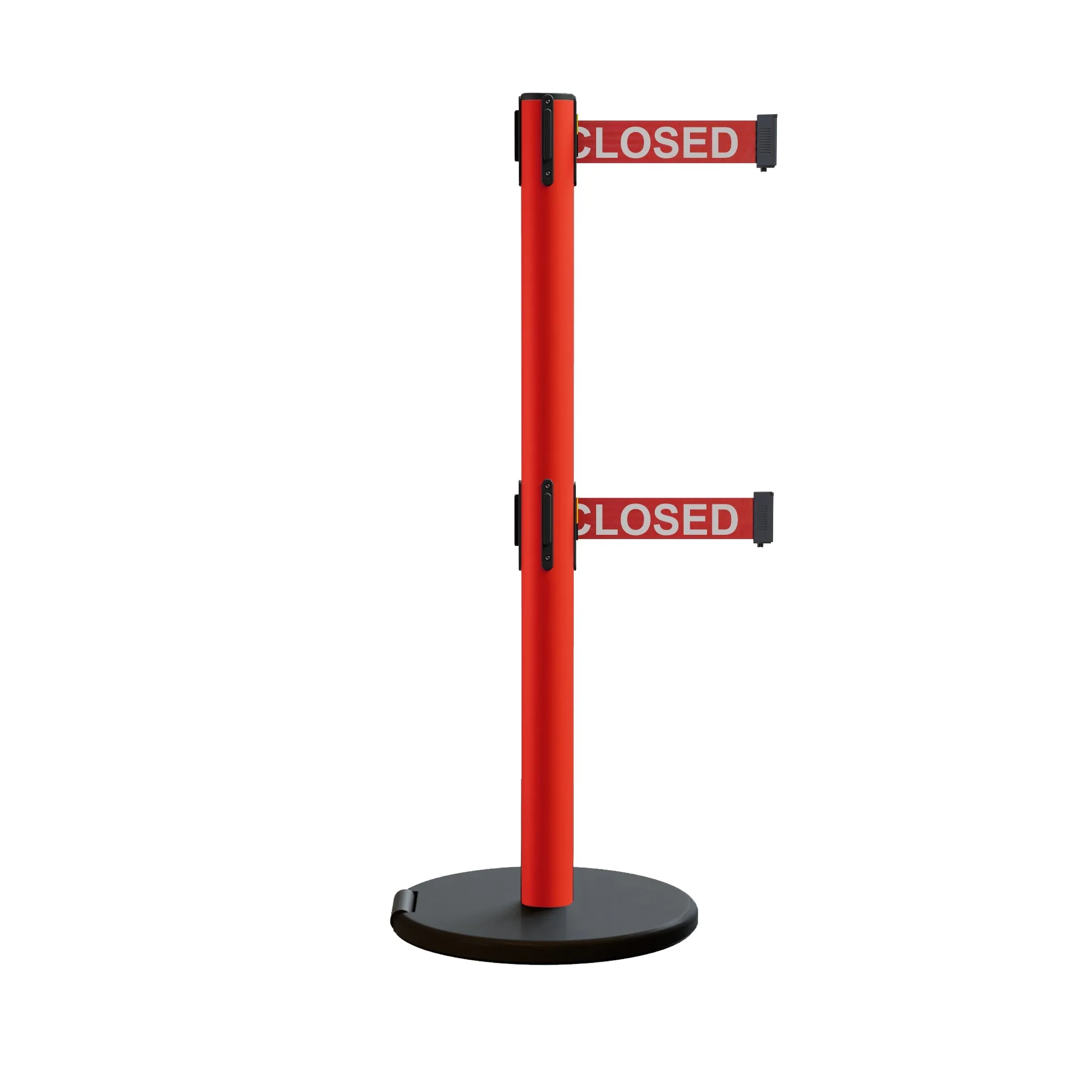 Retractable Belt Barrier Stanchion, Rolling Base, Red Steel Post, 7.5 ft Dual Belt - Montour Line MSE630D