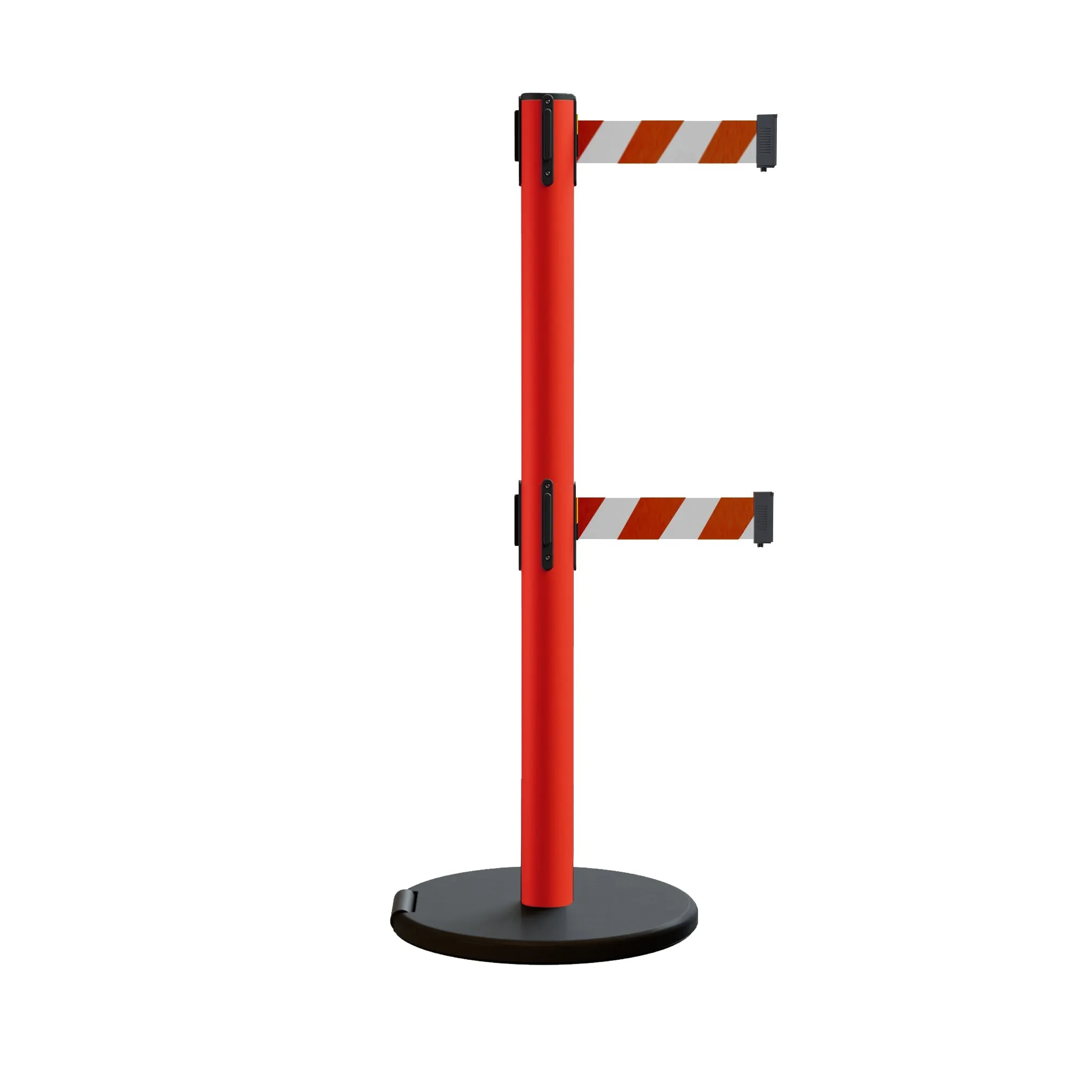 Retractable Belt Barrier Stanchion, Rolling Base, Red Steel Post, 7.5 ft Dual Belt - Montour Line MSE630D