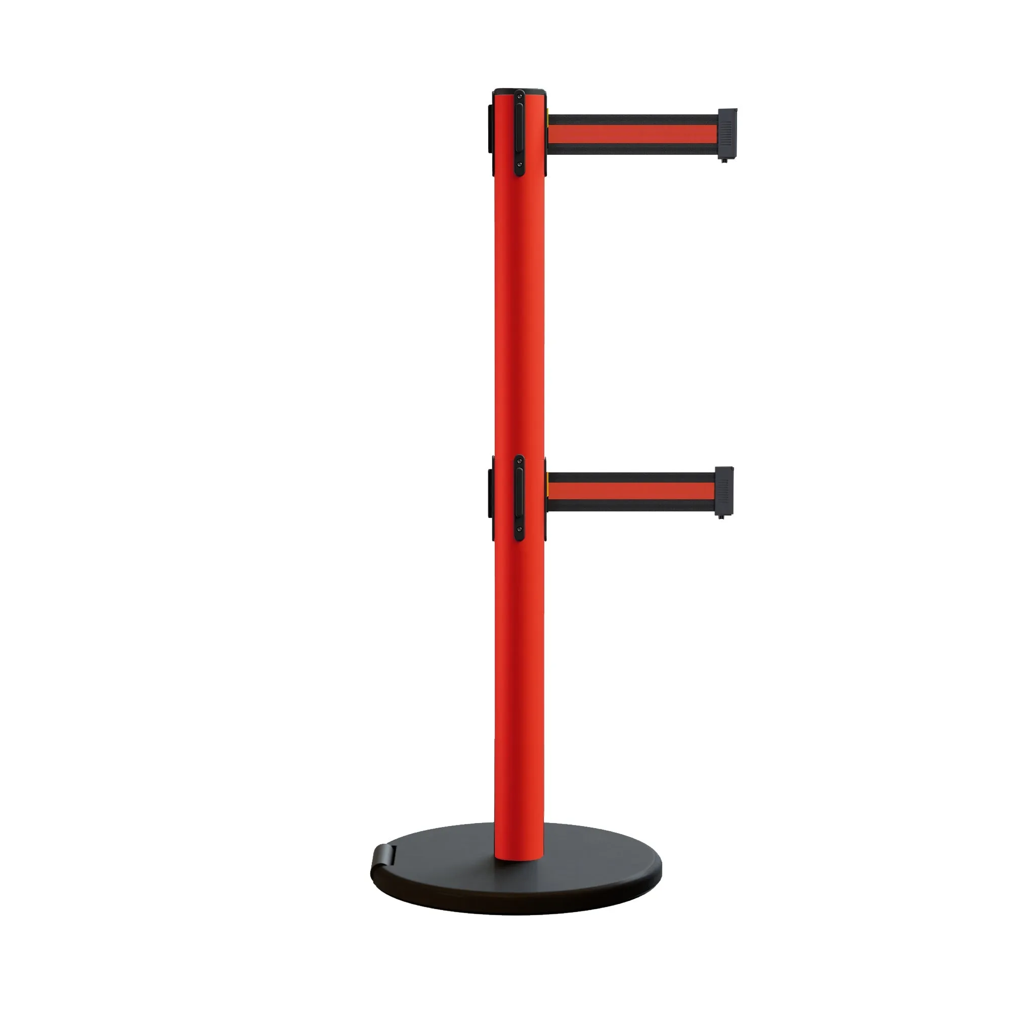 Retractable Belt Barrier Stanchion, Rolling Base, Red Steel Post, 7.5 ft Dual Belt - Montour Line MSE630D