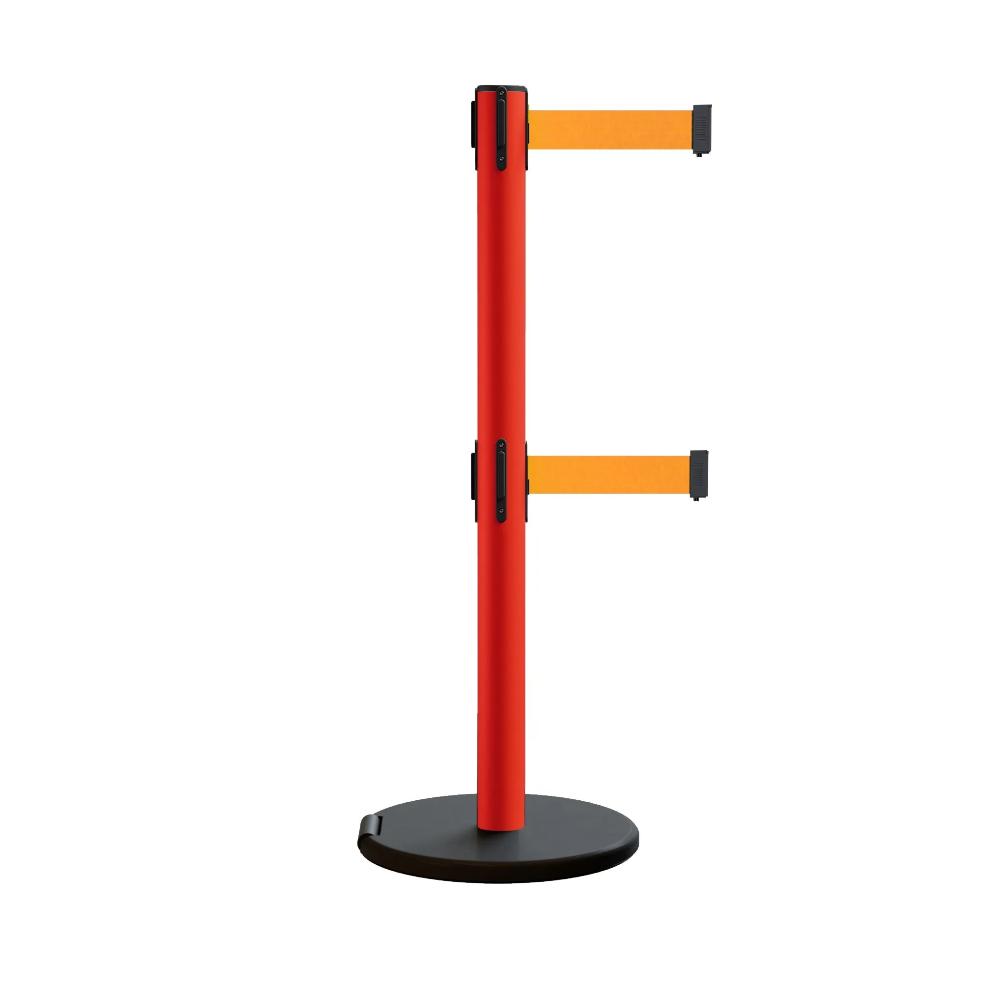 Retractable Belt Barrier Stanchion, Rolling Base, Red Steel Post, 7.5 ft Dual Belt - Montour Line MSE630D