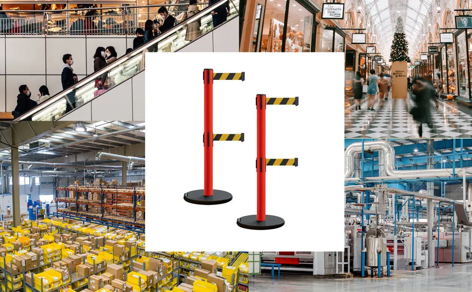 Retractable Belt Barrier Stanchion, Rolling Base, Red Steel Post, 7.5 ft Dual Belt - Montour Line MSE630D