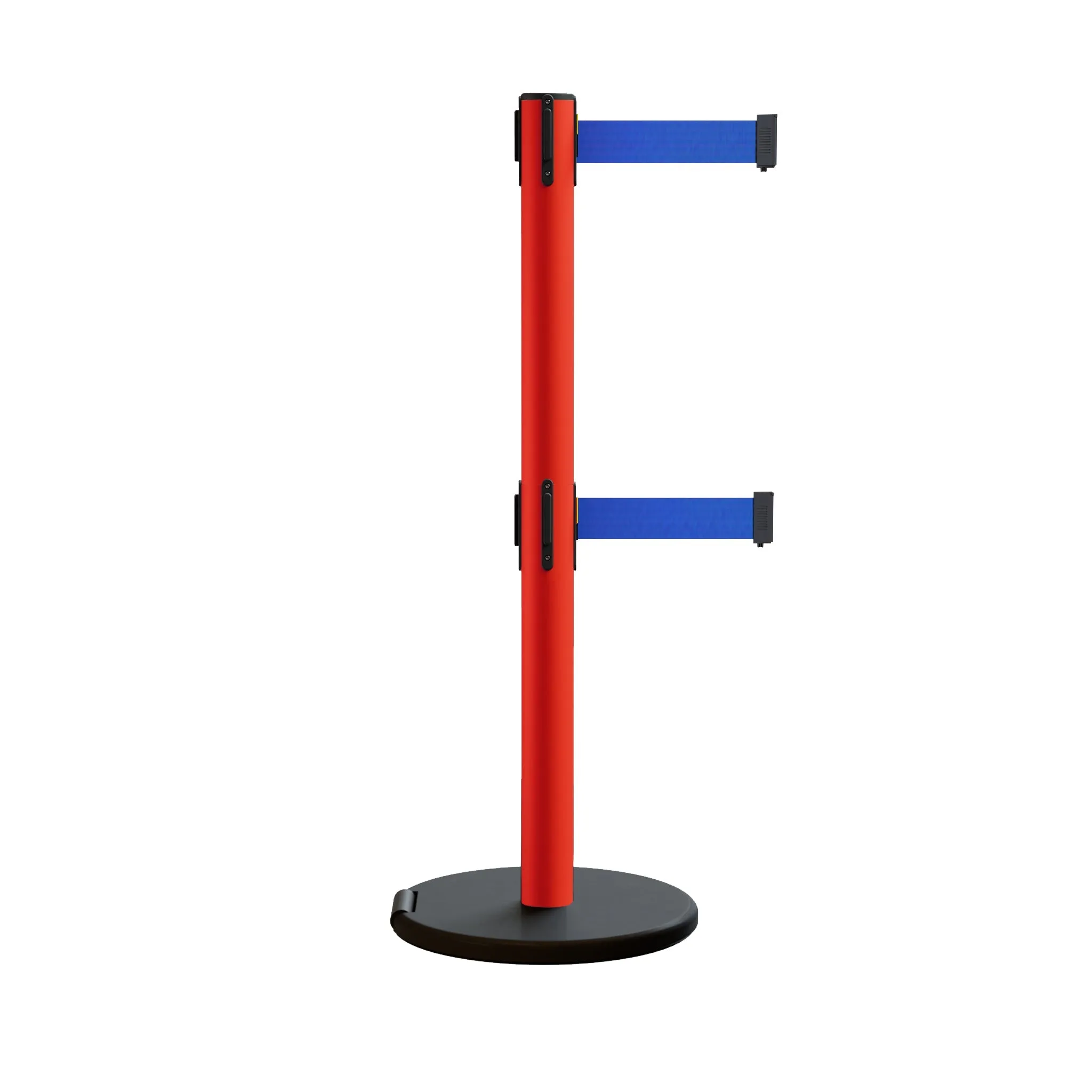 Retractable Belt Barrier Stanchion, Rolling Base, Red Steel Post, 7.5 ft Dual Belt - Montour Line MSE630D