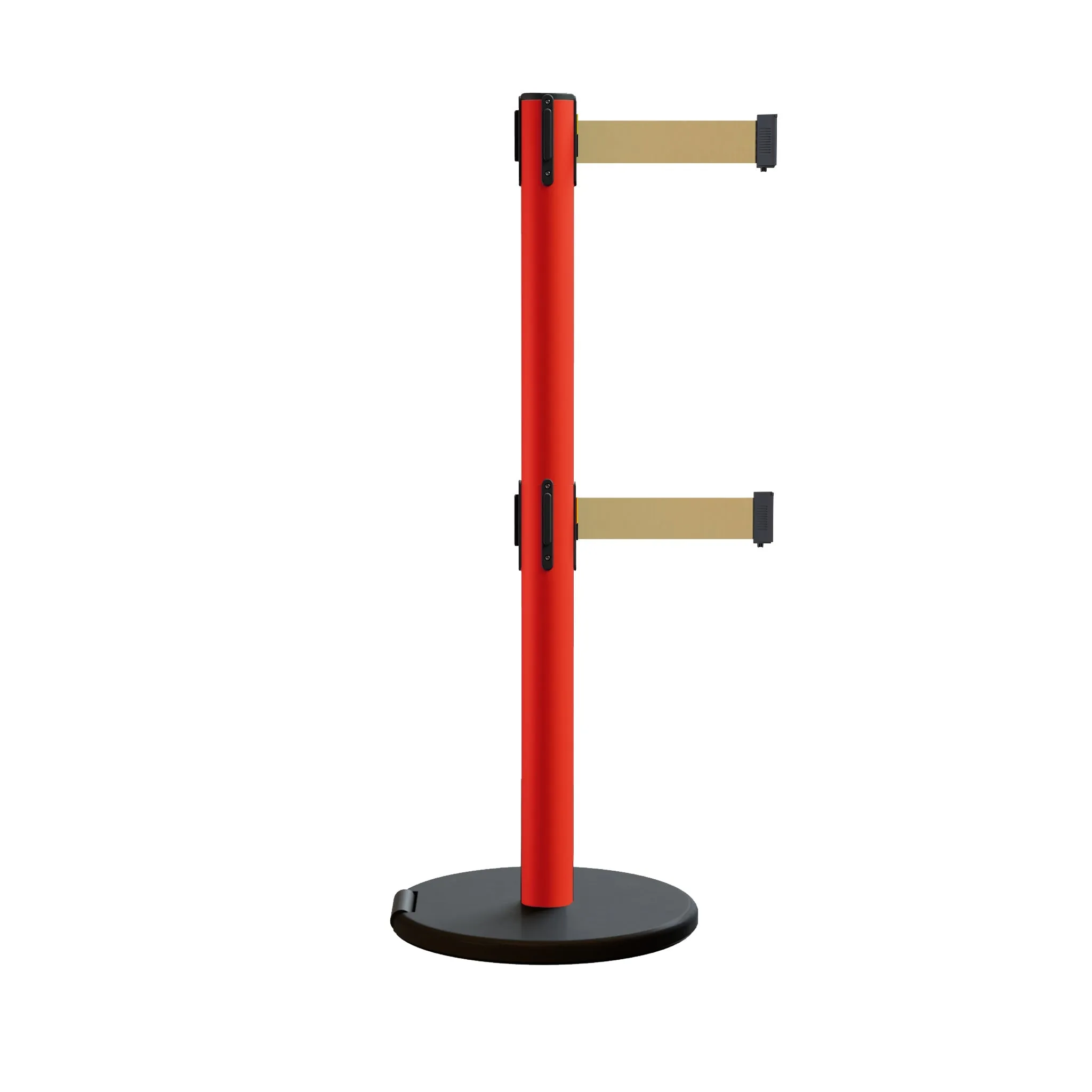Retractable Belt Barrier Stanchion, Rolling Base, Red Steel Post, 7.5 ft Dual Belt - Montour Line MSE630D