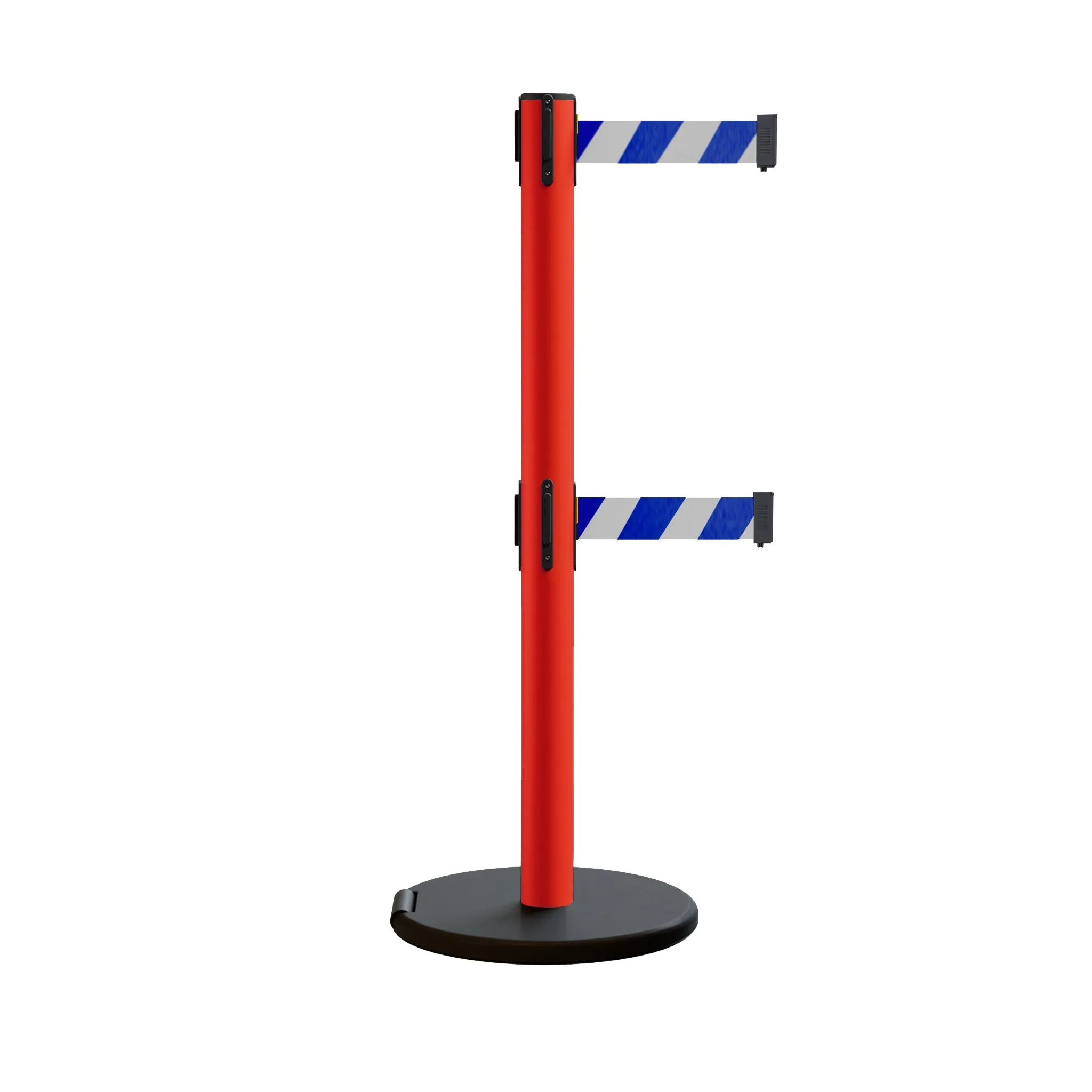 Retractable Belt Barrier Stanchion, Rolling Base, Red Steel Post, 7.5 ft Dual Belt - Montour Line MSE630D