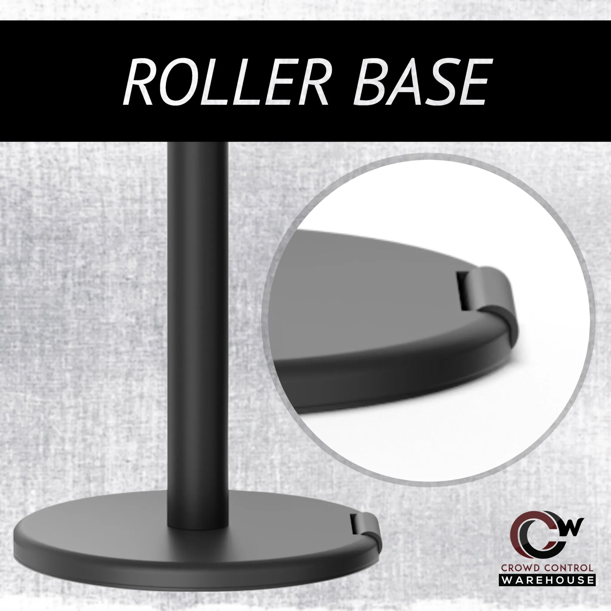 Retractable Belt Barrier Stanchion, Rolling Base, Red Steel Post, 7.5 ft Dual Belt - Montour Line MSE630D