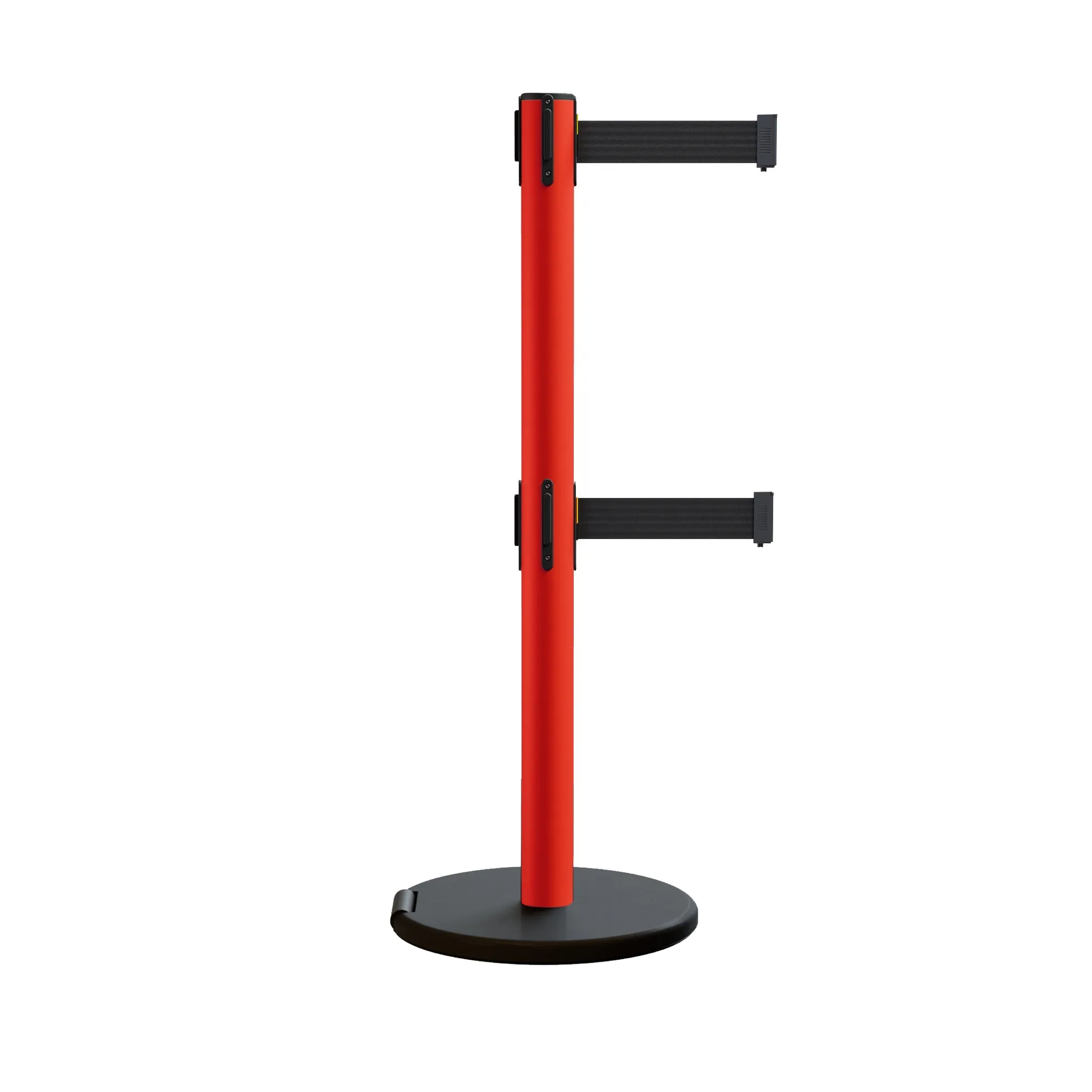 Retractable Belt Barrier Stanchion, Rolling Base, Red Steel Post, 7.5 ft Dual Belt - Montour Line MSE630D
