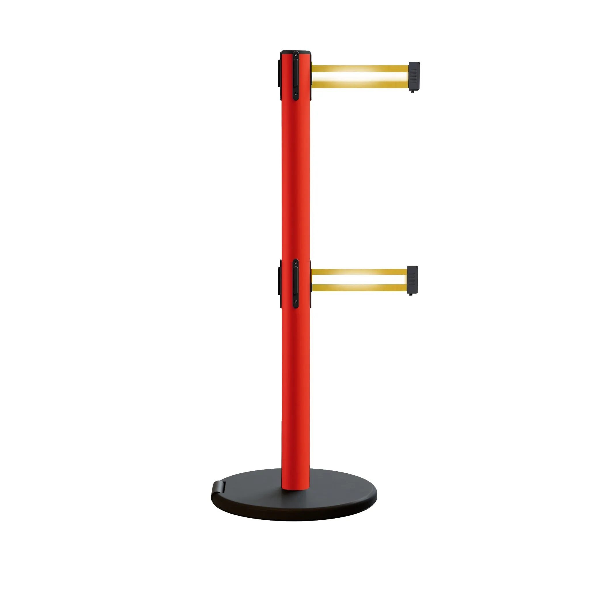 Retractable Belt Barrier Stanchion, Rolling Base, Red Steel Post, 7.5 ft Dual Belt - Montour Line MSE630D