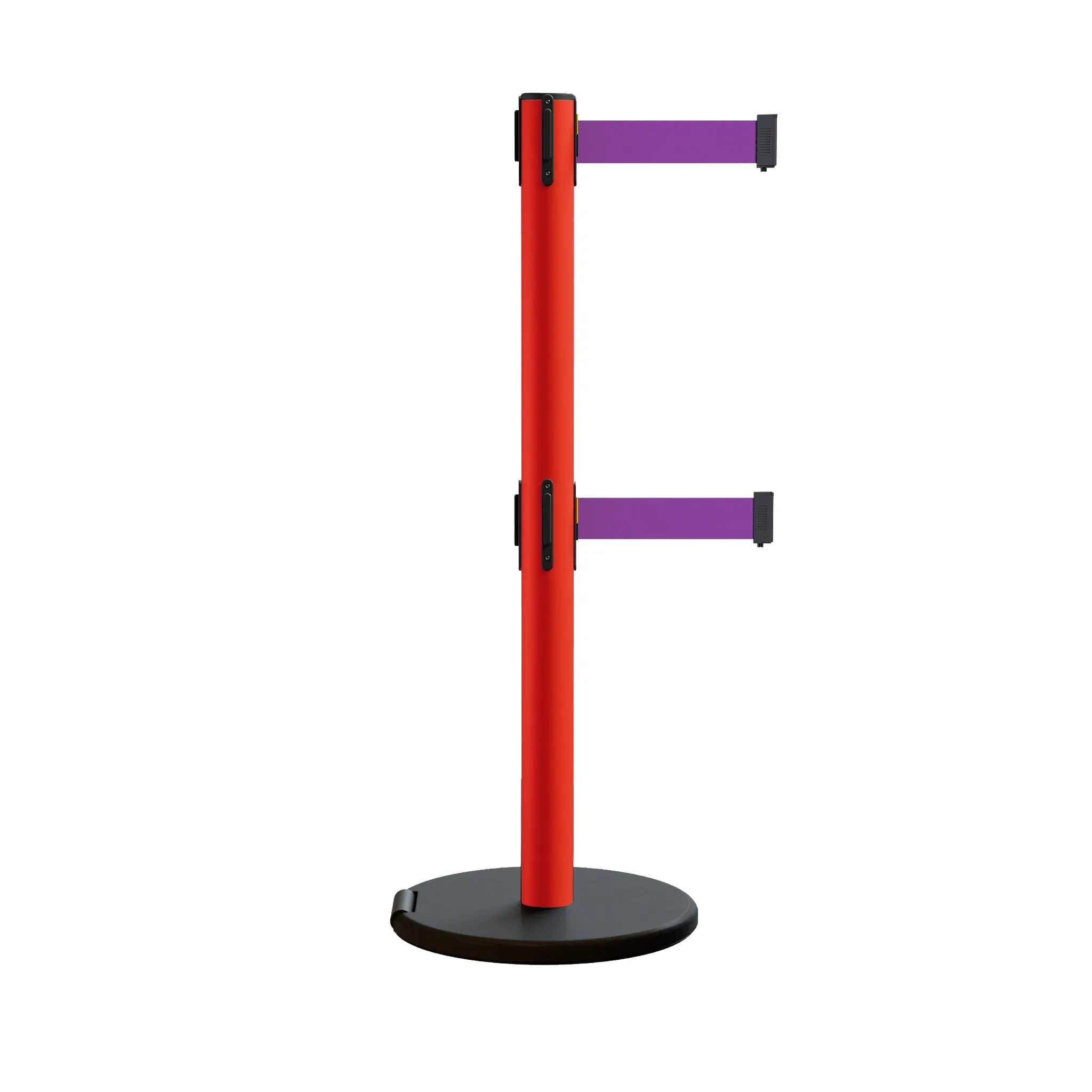 Retractable Belt Barrier Stanchion, Rolling Base, Red Steel Post, 7.5 ft Dual Belt - Montour Line MSE630D