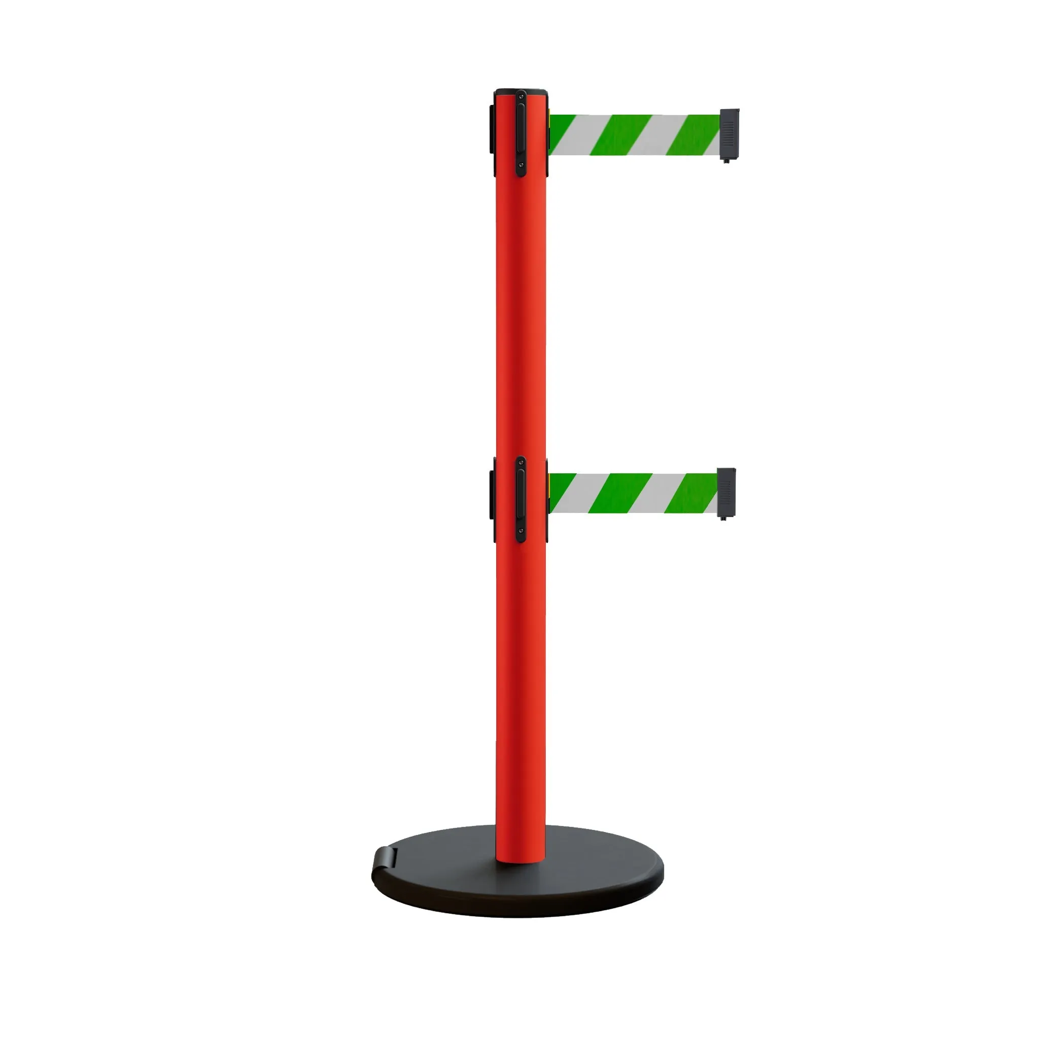 Retractable Belt Barrier Stanchion, Rolling Base, Red Steel Post, 7.5 ft Dual Belt - Montour Line MSE630D