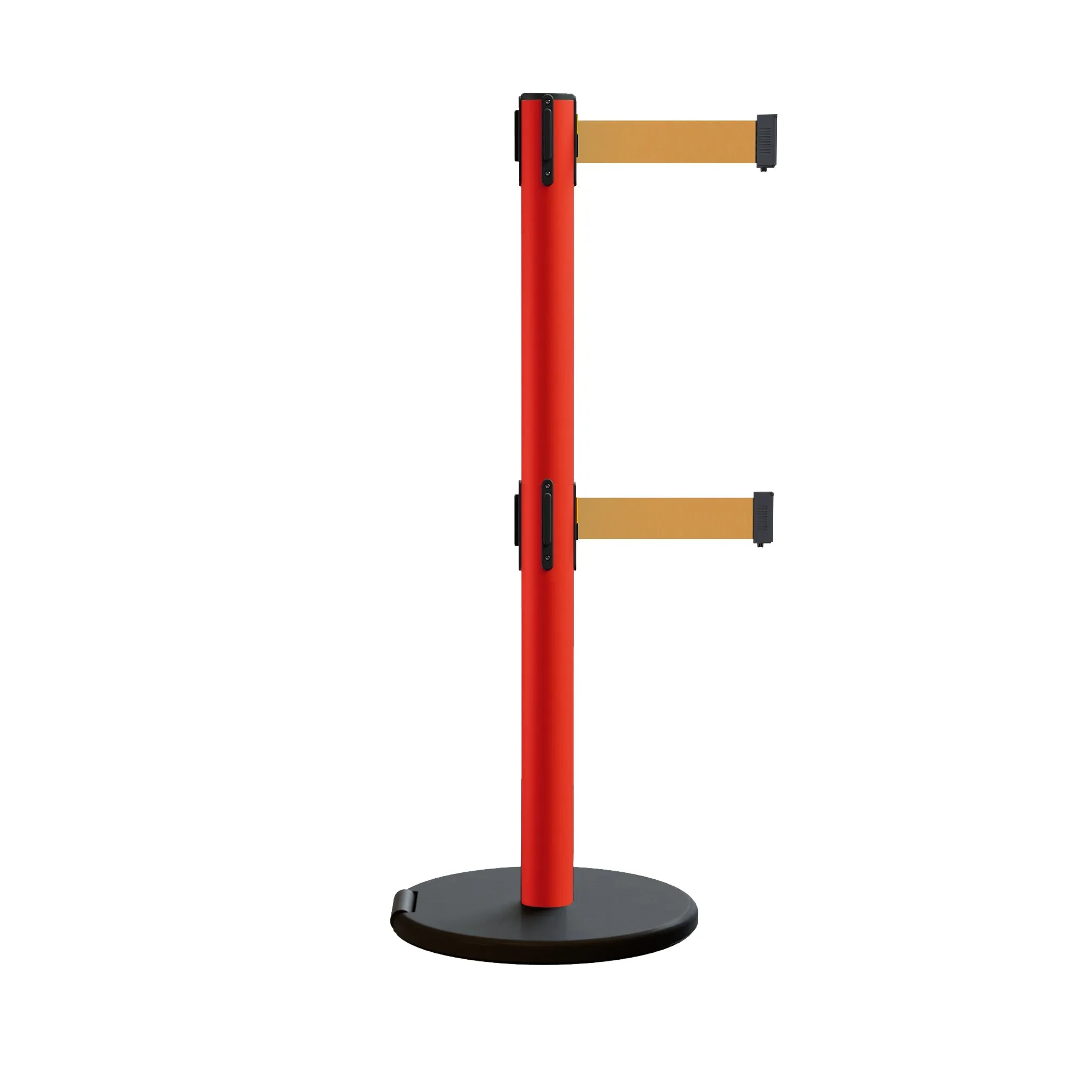 Retractable Belt Barrier Stanchion, Rolling Base, Red Steel Post, 7.5 ft Dual Belt - Montour Line MSE630D