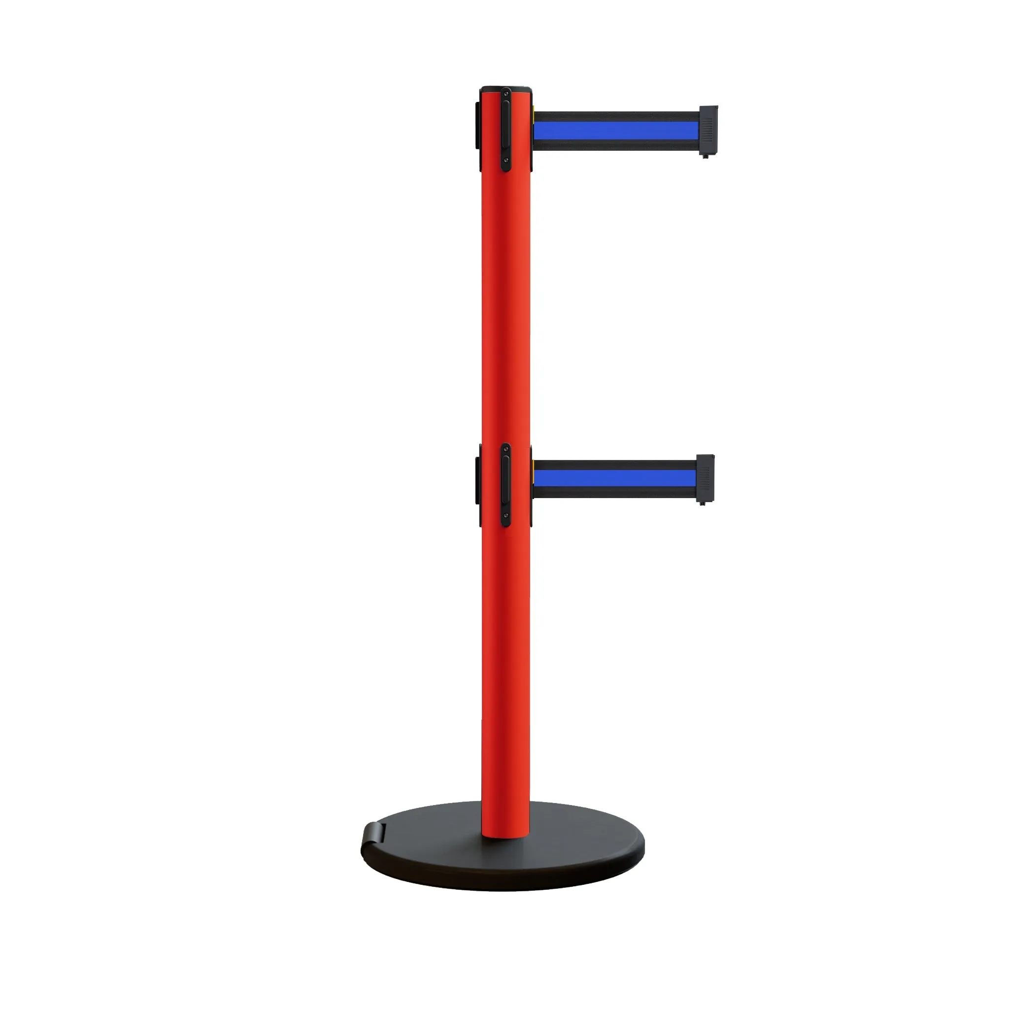 Retractable Belt Barrier Stanchion, Rolling Base, Red Steel Post, 7.5 ft Dual Belt - Montour Line MSE630D