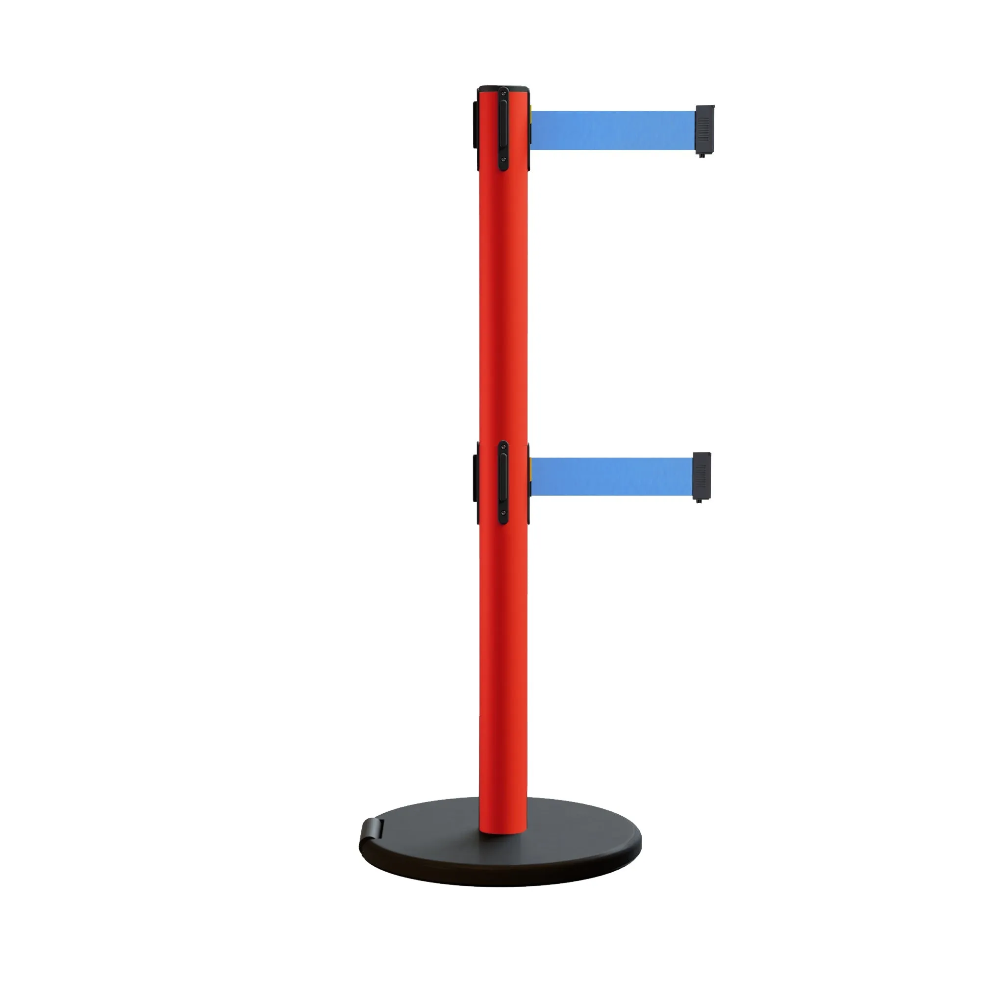 Retractable Belt Barrier Stanchion, Rolling Base, Red Steel Post, 7.5 ft Dual Belt - Montour Line MSE630D