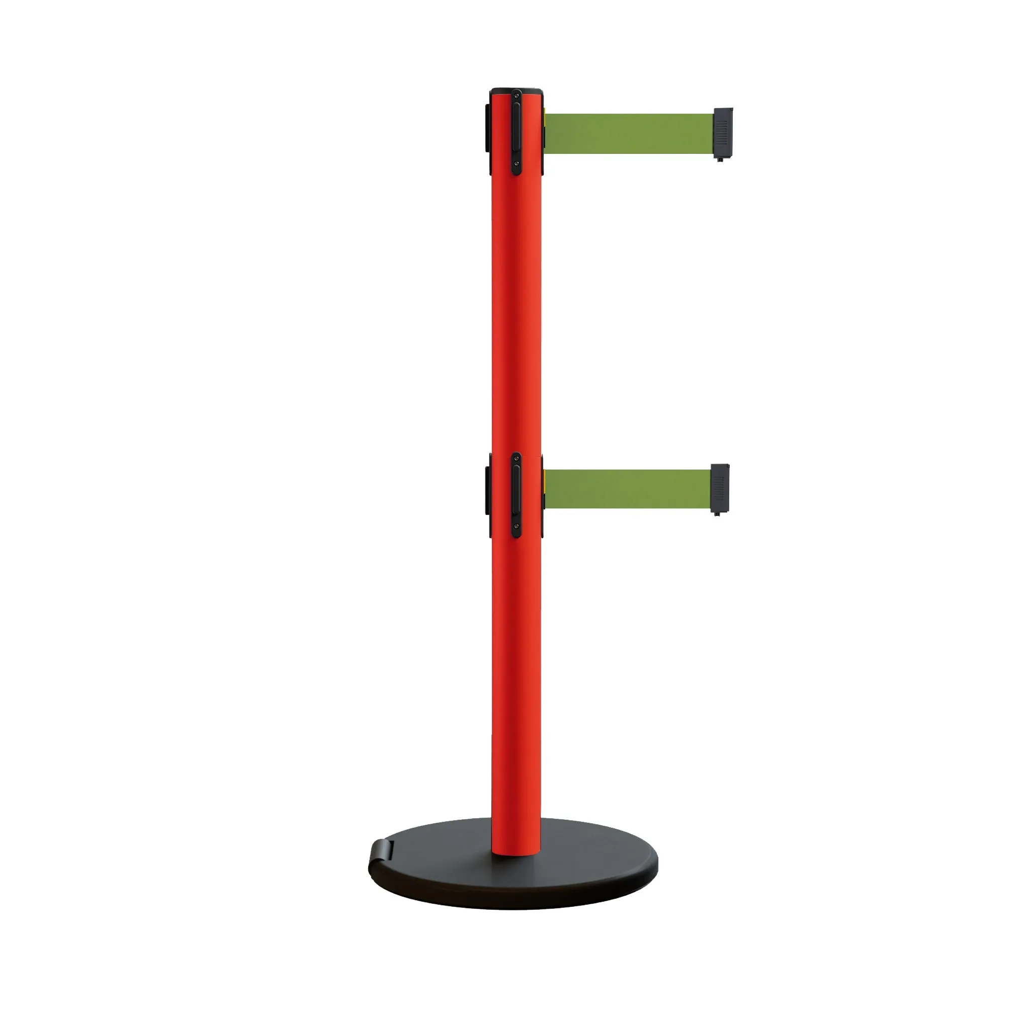 Retractable Belt Barrier Stanchion, Rolling Base, Red Steel Post, 7.5 ft Dual Belt - Montour Line MSE630D