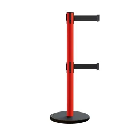 Retractable Belt Barrier Stanchion, Rolling Base, Red Steel Post, 7.5 ft Dual Belt - Montour Line MSE630D