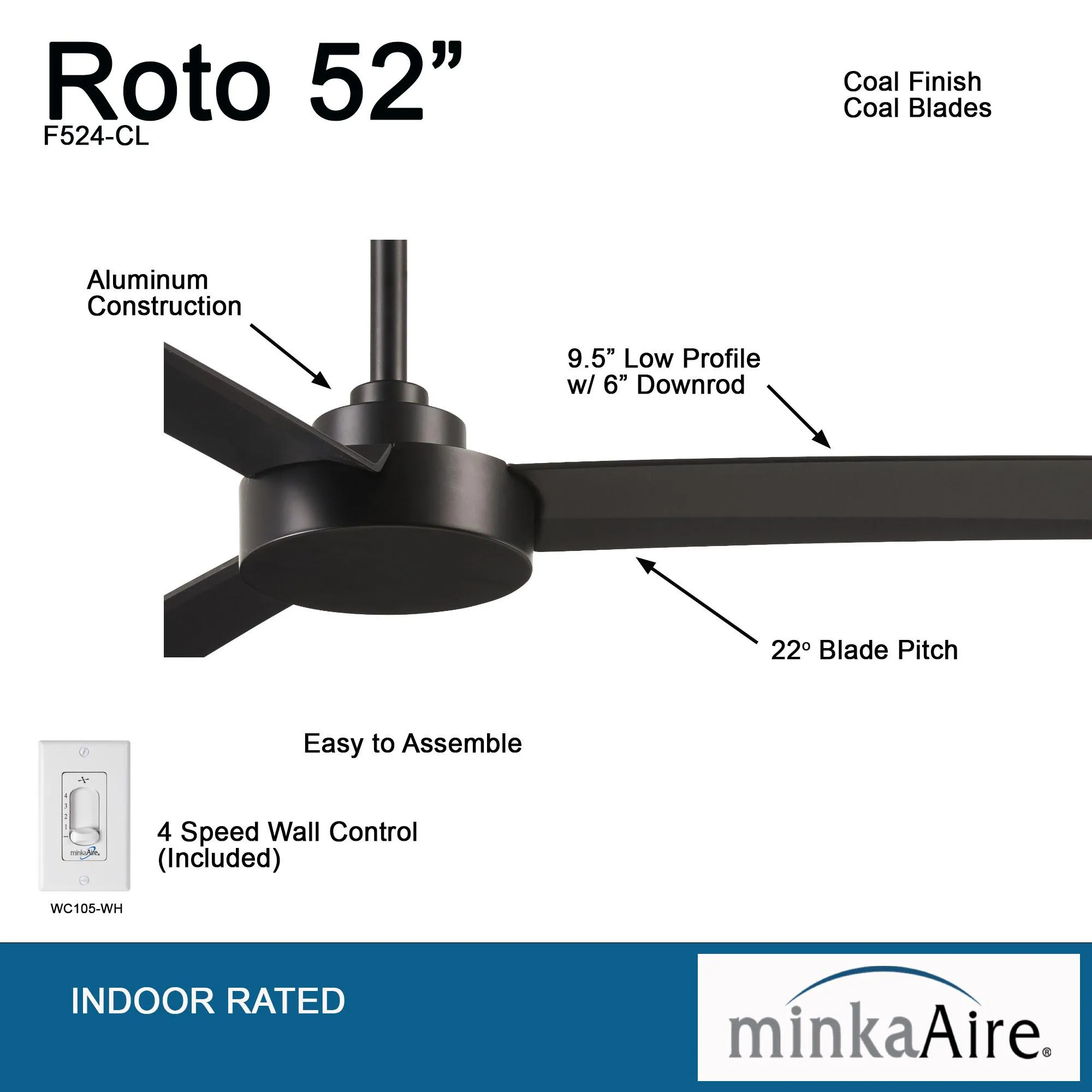 Roto 52" Coal Ceiling Fan with Wall Control