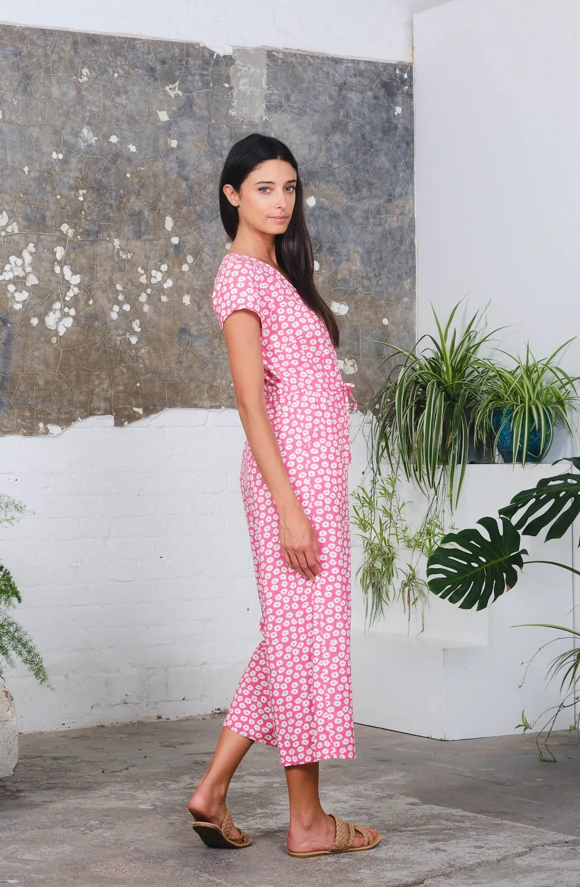 S/S Playsuit in Pink Daisies Print