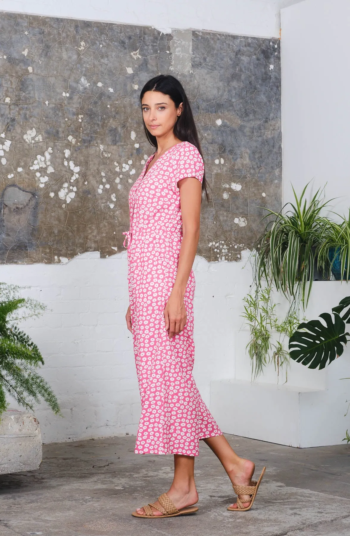 S/S Playsuit in Pink Daisies Print