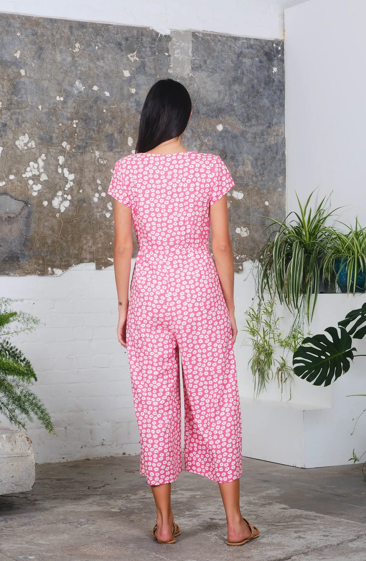 S/S Playsuit in Pink Daisies Print