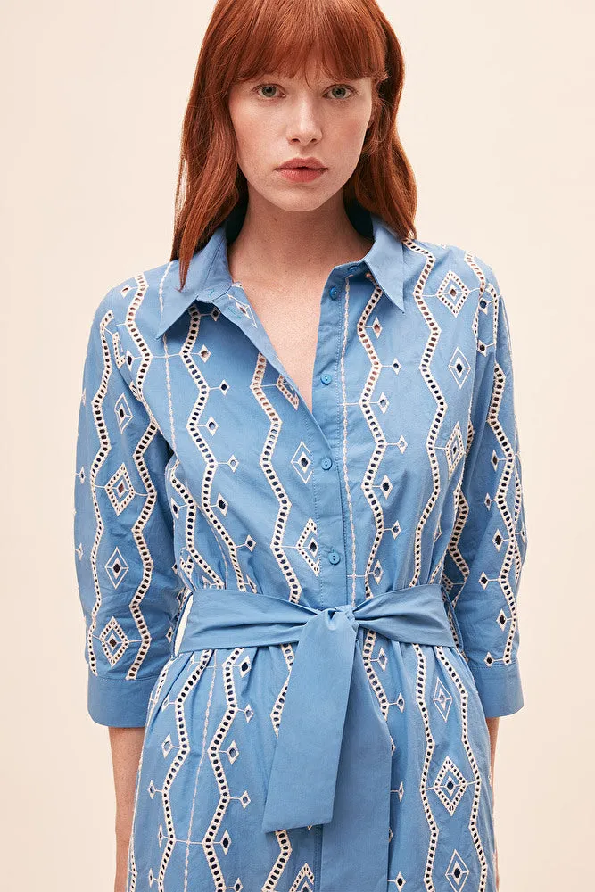 Sunoco Clea Embroidered Midi Shirt Dress - Blue