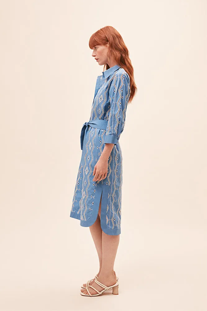 Sunoco Clea Embroidered Midi Shirt Dress - Blue