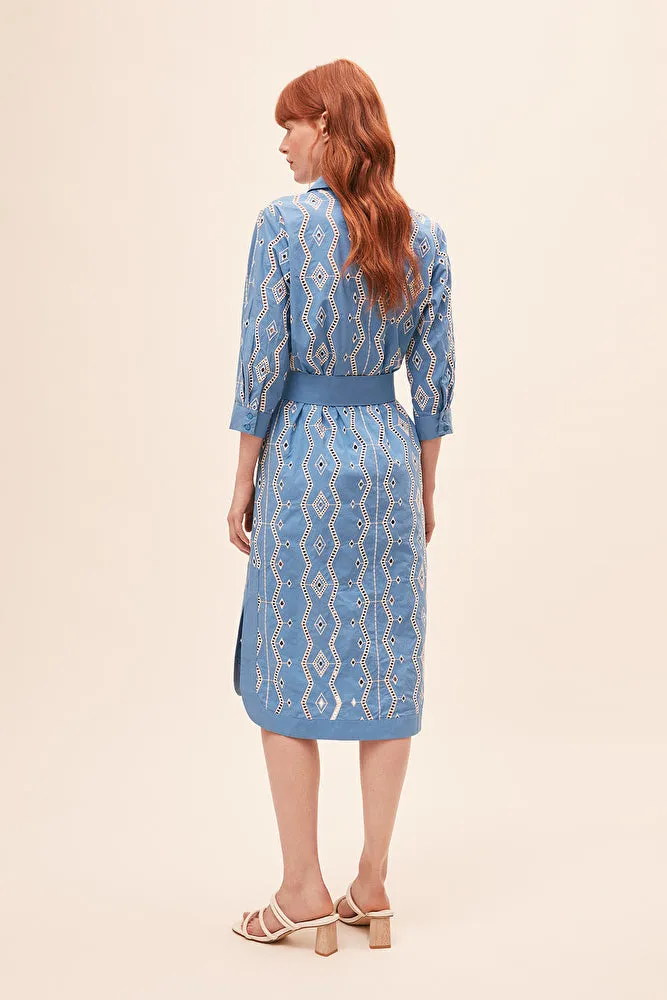 Sunoco Clea Embroidered Midi Shirt Dress - Blue