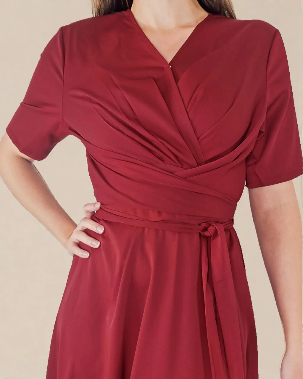 Takara Red Short Sleeve Midi Dress with Wrap Belt