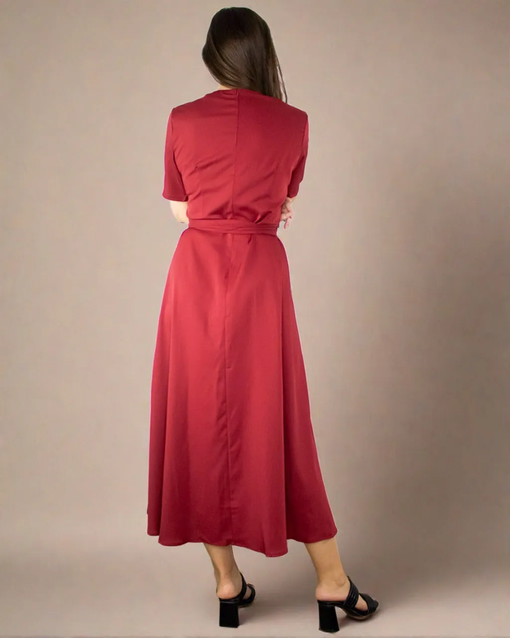 Takara Red Short Sleeve Midi Dress with Wrap Belt