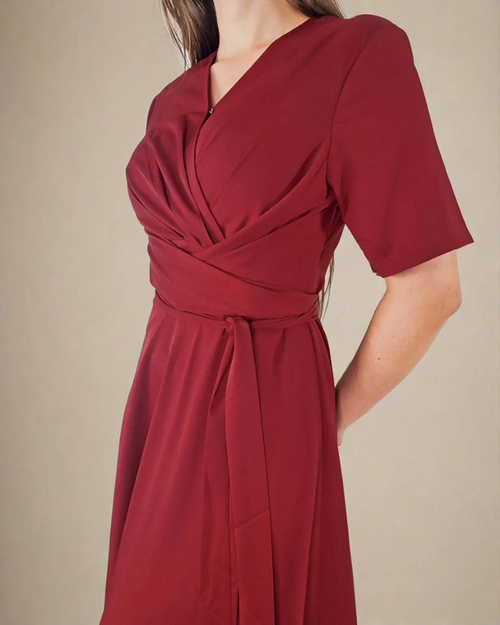 Takara Red Short Sleeve Midi Dress with Wrap Belt