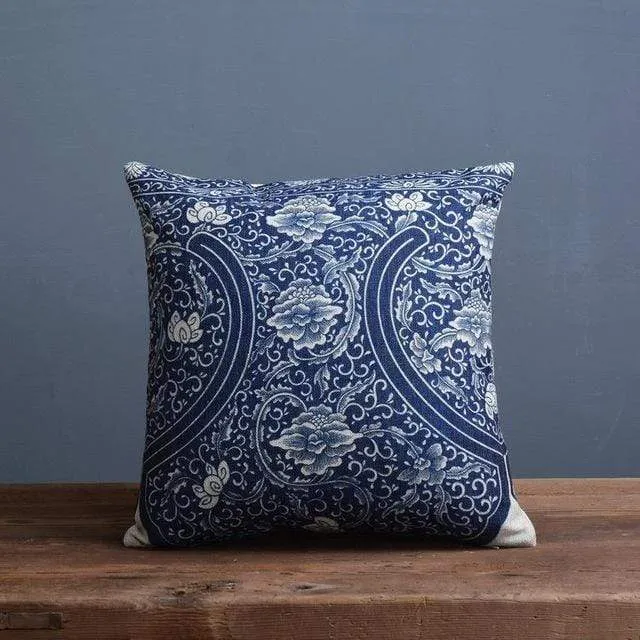 Vintage Blue And White Porcelain Printed Cushion Cover