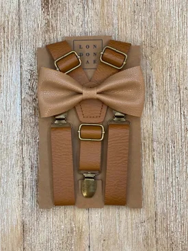 Vintage Tan Suspenders with Butterscotch Faux Leather Bow Tie