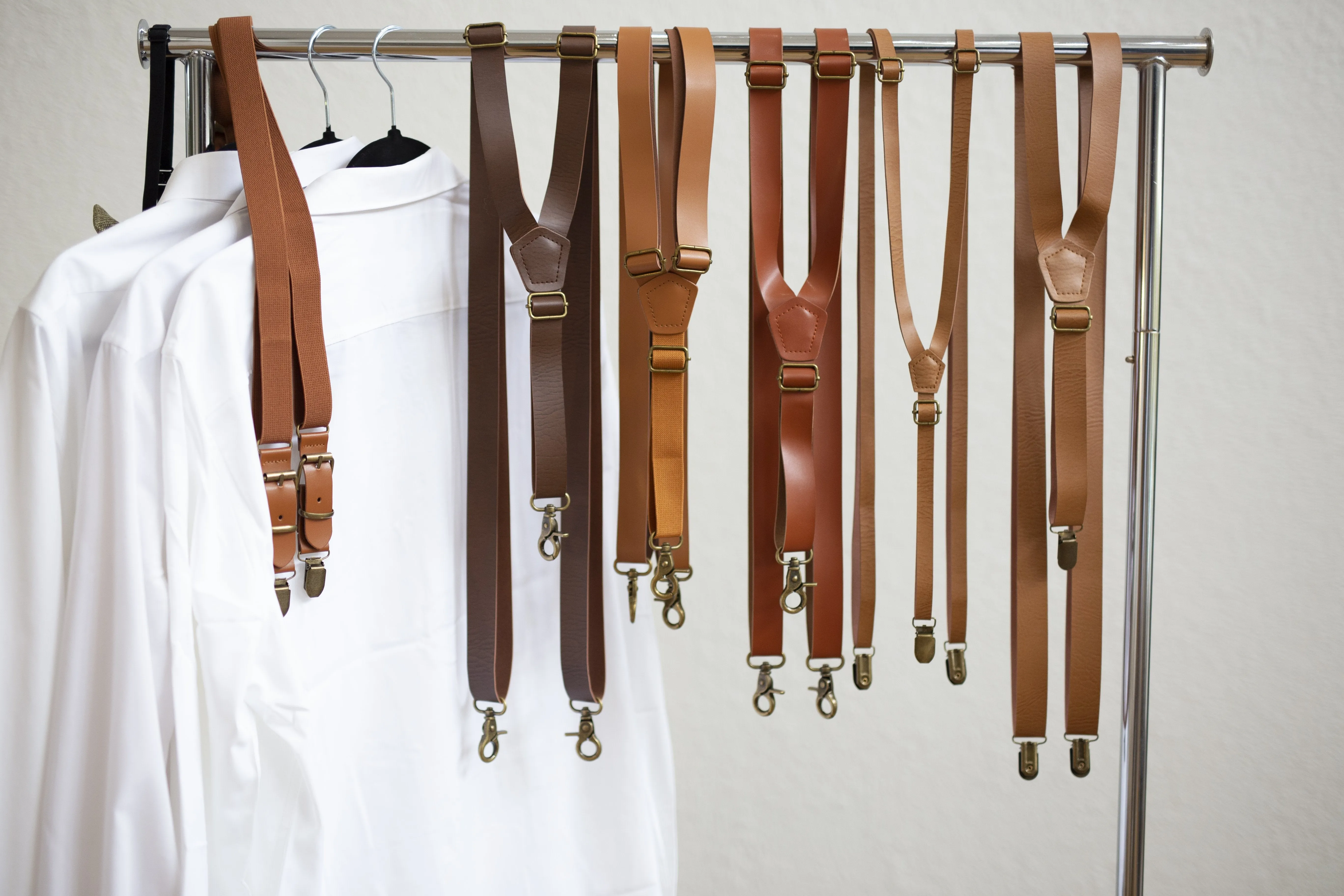 Vintage Tan Suspenders with Butterscotch Faux Leather Bow Tie