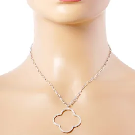 White Gold Dipped CZ Open Quatrefoil Pendant Necklace