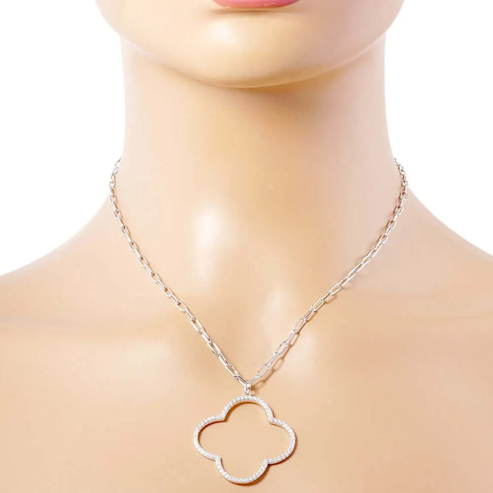 White Gold Dipped CZ Open Quatrefoil Pendant Necklace