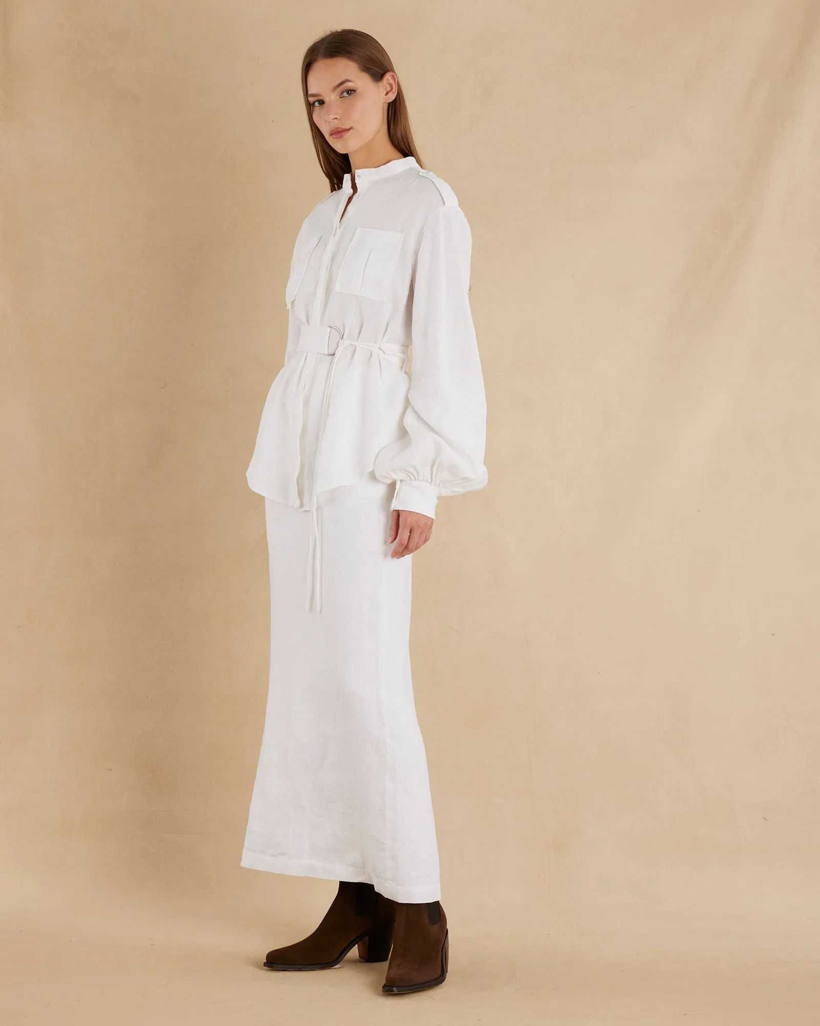 Yvette Linen Belted Shirt - White