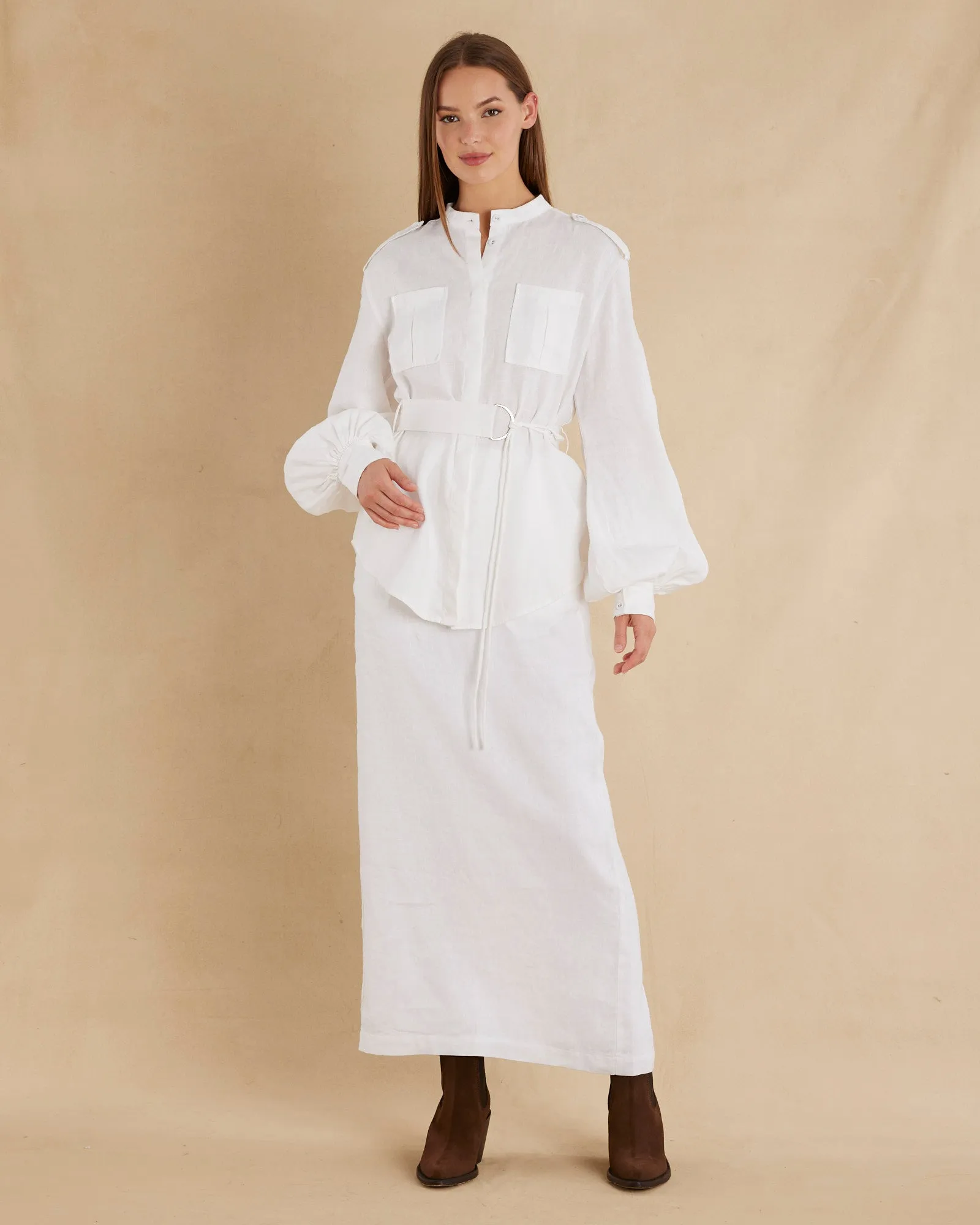 Yvette Linen Belted Shirt - White