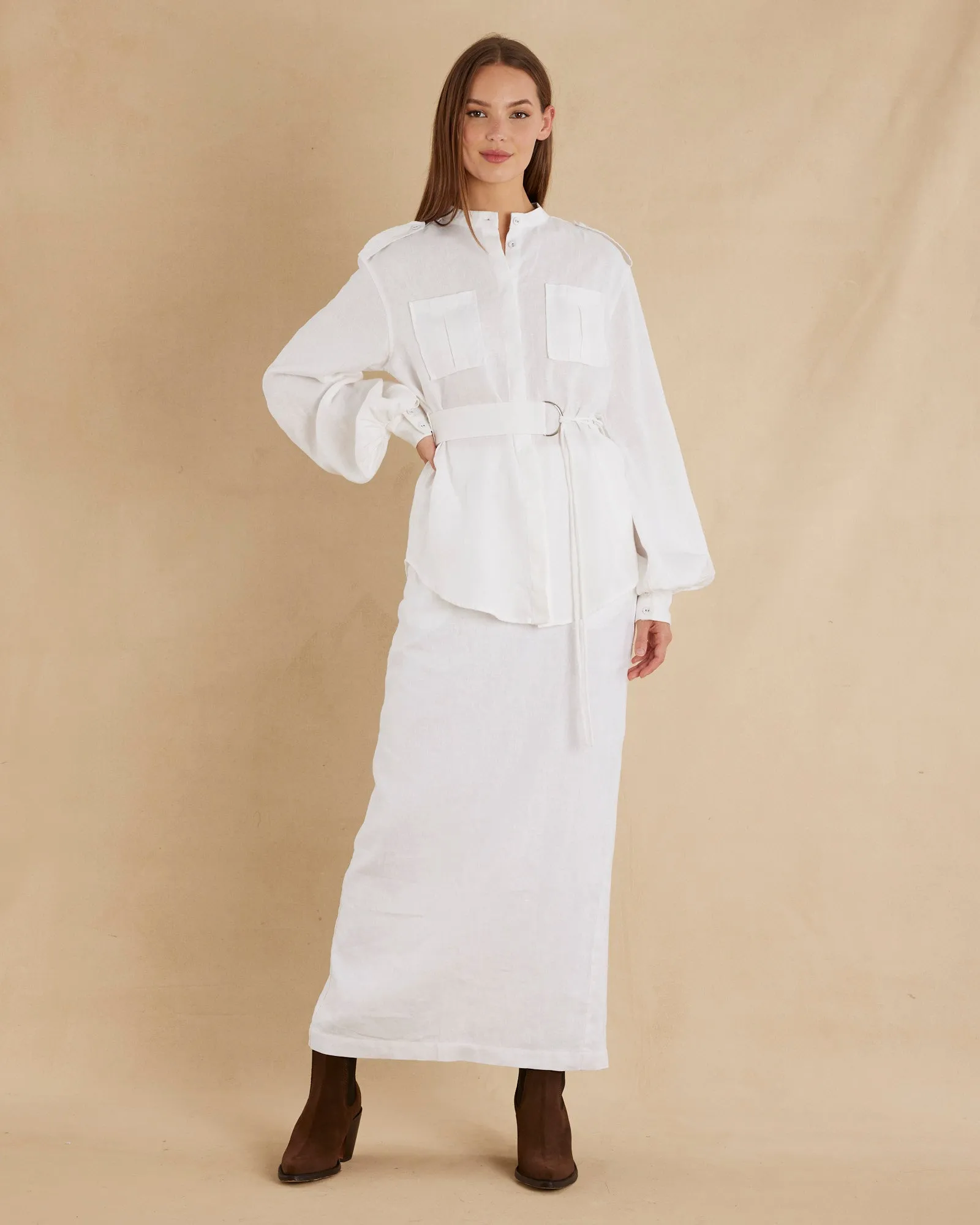 Yvette Linen Belted Shirt - White