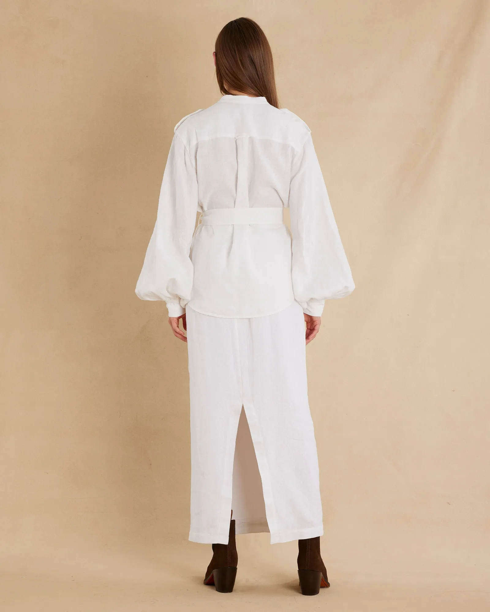 Yvette Linen Belted Shirt - White